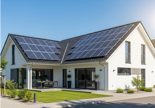 Moderní dům s nainstalovanými fotovoltaickými panely na střeše za slunečného dne.