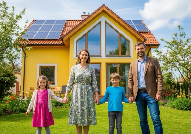 Symbol úspory energie - dům obklopený zelenými listy a ikonami úspor.
